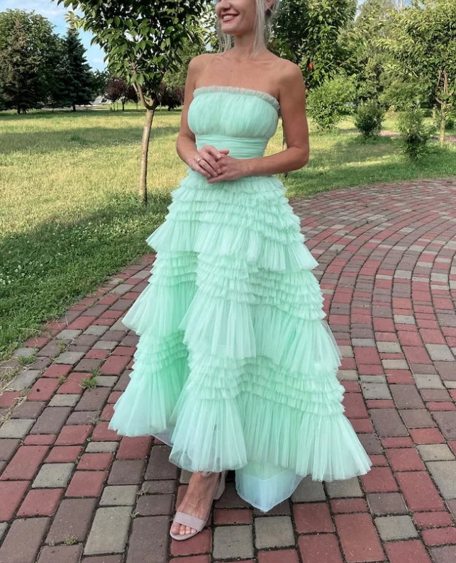 Luolandi Sweetheart A-Line Strapless Tulle Tiered Long Prom Dress Charming Evening Party Dress