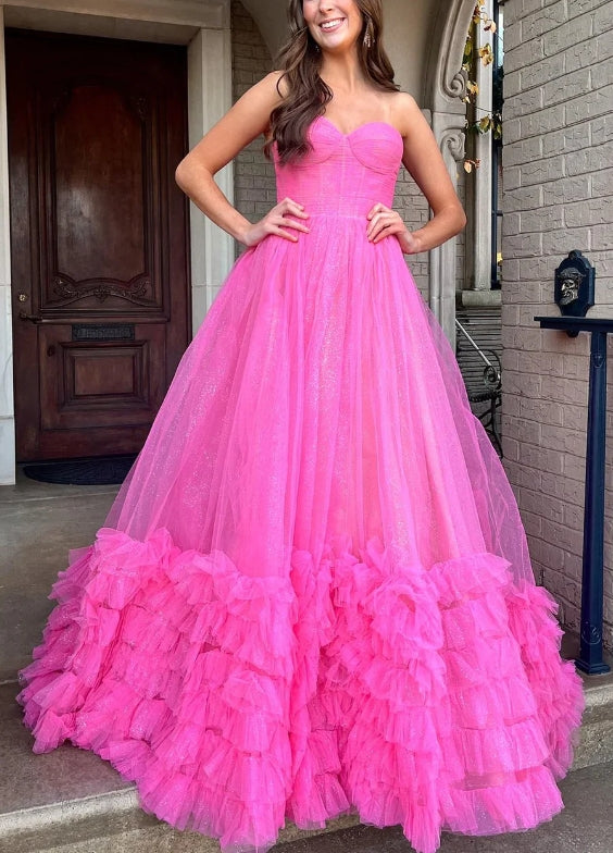 Luolandi Sweetheart A-Line Strapless Tulle Tiered Long Prom Dress Charming Evening Party Dress