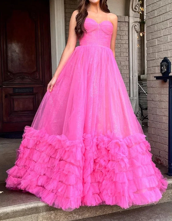 Luolandi Sweetheart A-Line Strapless Tulle Tiered Long Prom Dress Charming Evening Party Dress