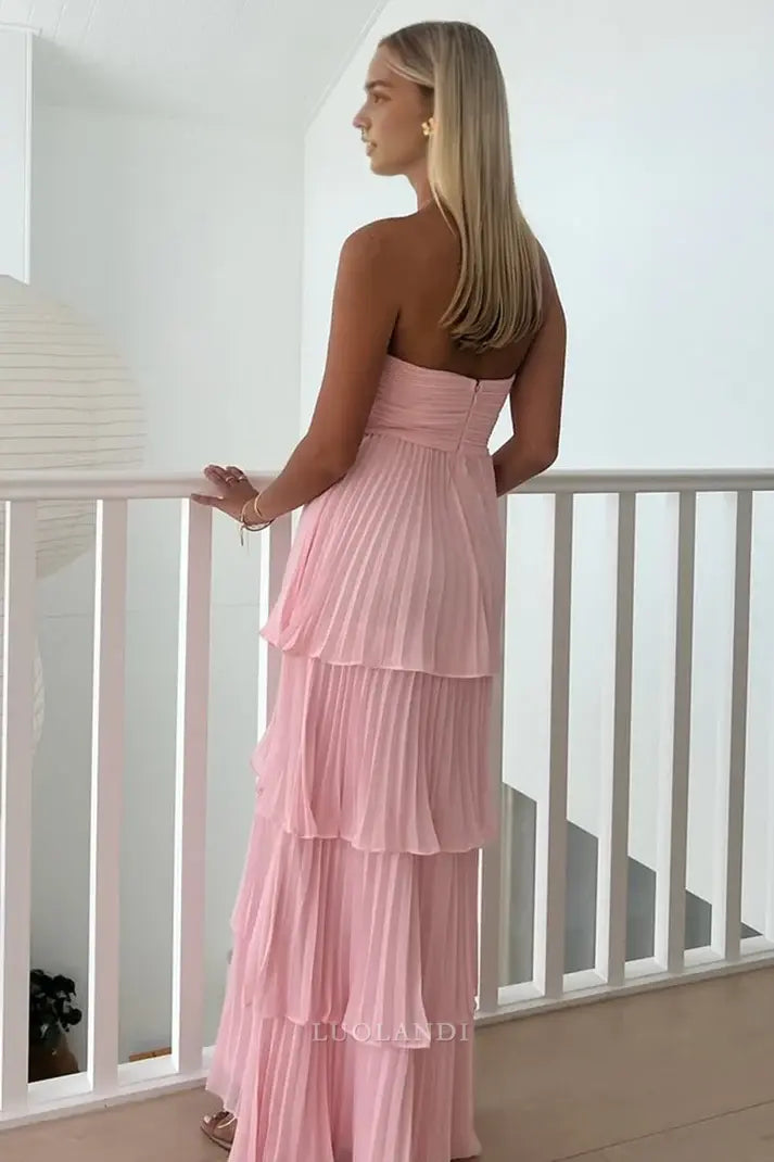 Luolandi Sweetheart A-Line Tiered Long Prom Dress Strapless Charming Party Dress Elegant Wedding Guest Dress