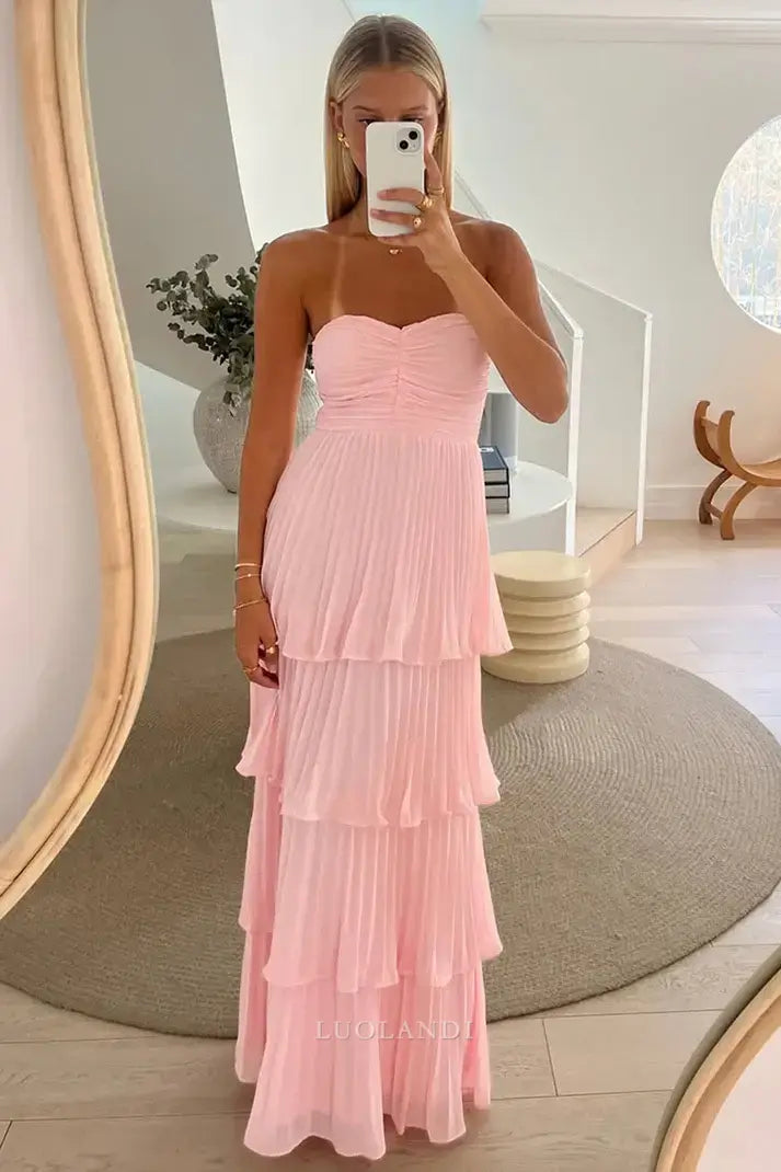Luolandi Sweetheart A-Line Tiered Long Prom Dress Strapless Charming Party Dress Elegant Wedding Guest Dress