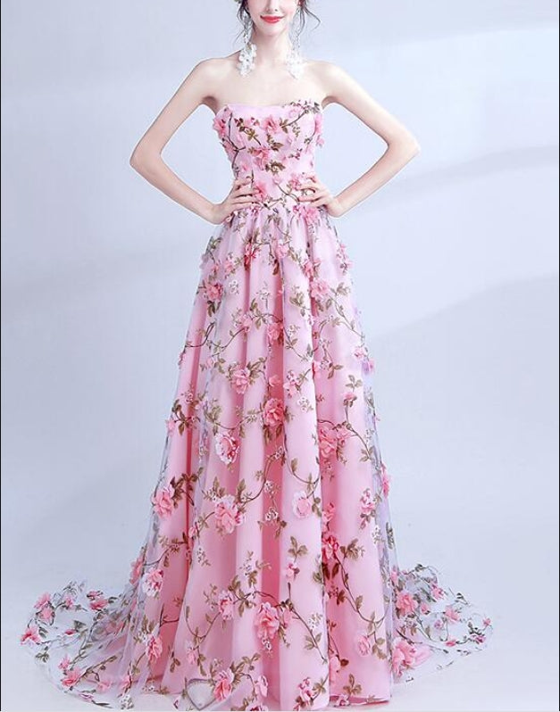 Luolandi Sweetheart A-line Strapless Long Prom Dress With Flowers Charming Evening Party Dress Romantic Floral Formal Dress