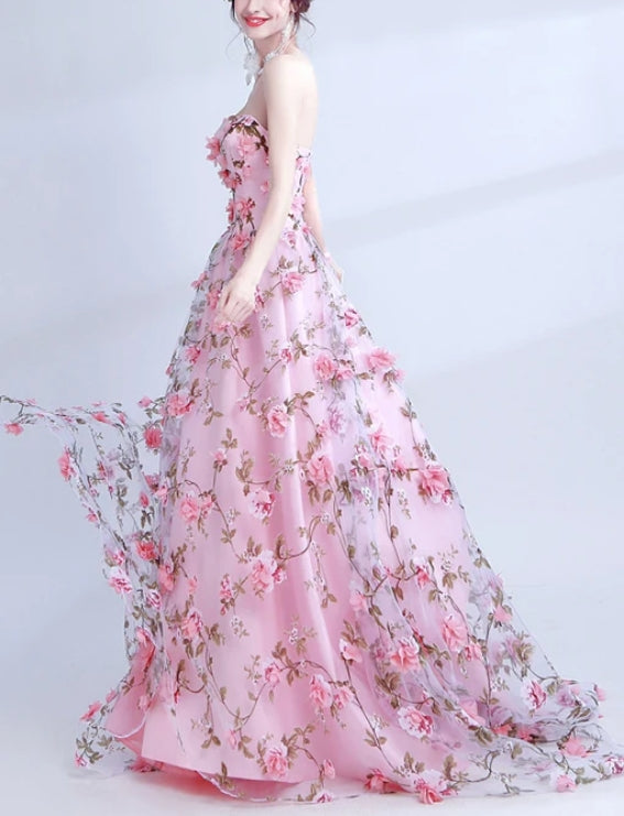 Luolandi Sweetheart A-line Strapless Long Prom Dress With Flowers Charming Evening Party Dress Romantic Floral Formal Dress