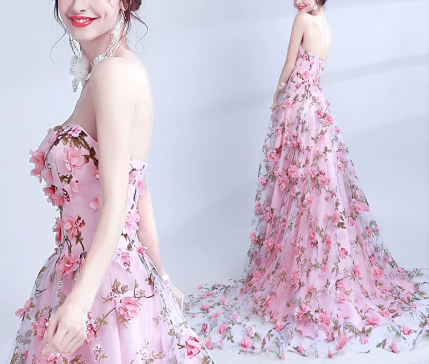 Luolandi Sweetheart A-line Strapless Long Prom Dress With Flowers Charming Evening Party Dress Romantic Floral Formal Dress