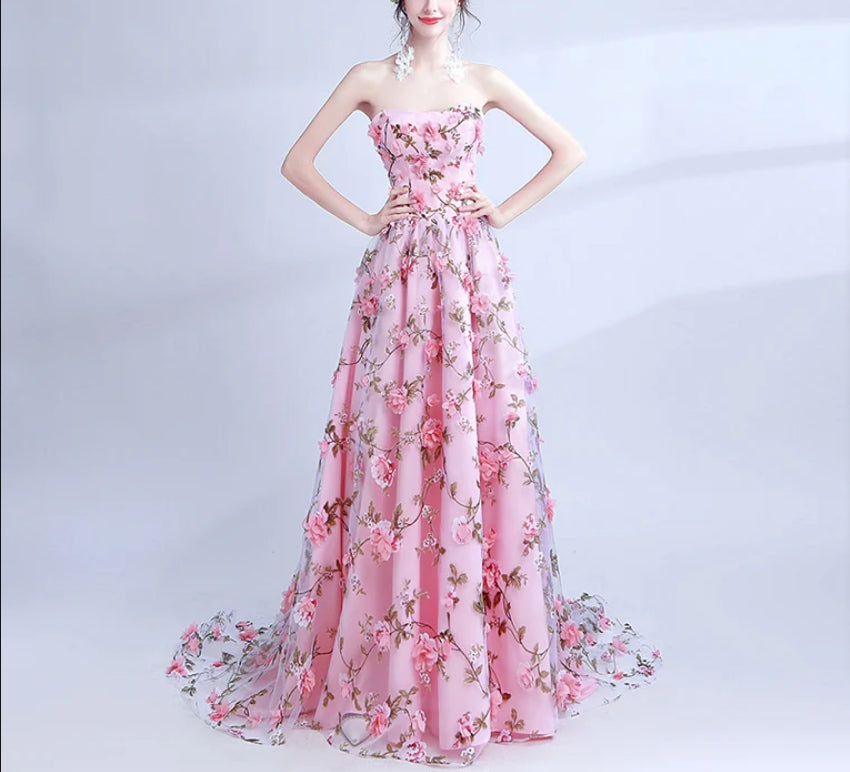 Luolandi Sweetheart A-line Strapless Long Prom Dress With Flowers Charming Evening Party Dress Romantic Floral Formal Dress