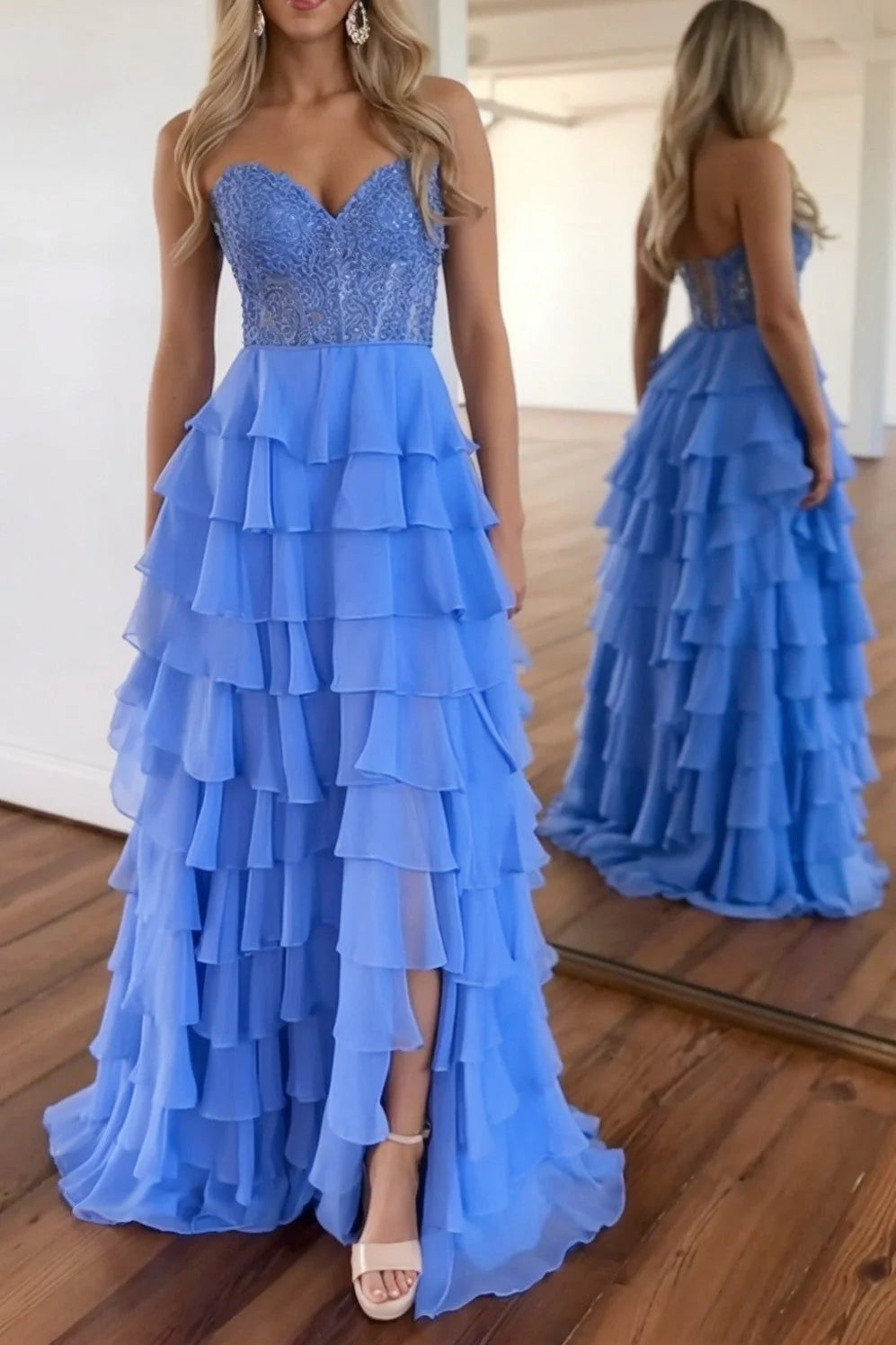 Luolandi Sweetheart A Line Blue Strapless Long Prom Dress Tiered Lace Chiffon Evening Party Dress With Slit