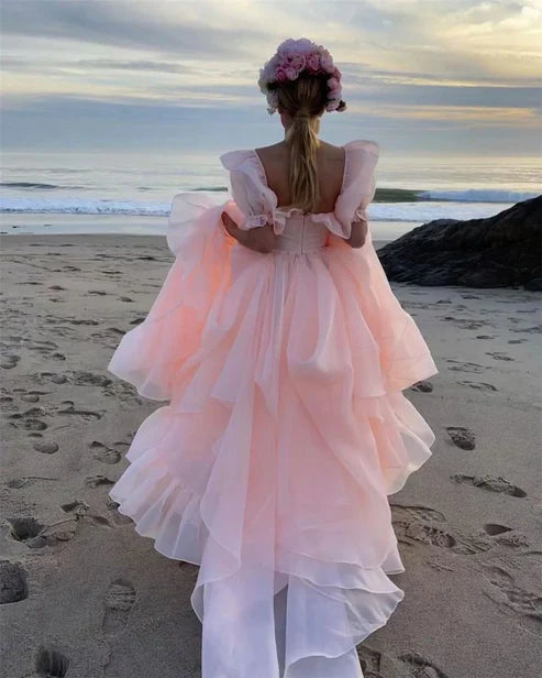 Luolandi Sweetheart A Line Long Prom Dress Short Puff Sleeves Ruffles Prom Party Gowns Princess Formal Dresses No With Bow Tie