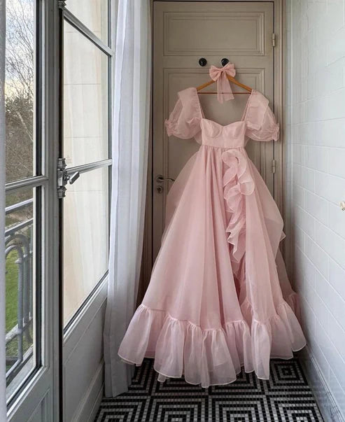 Luolandi Sweetheart A Line Long Prom Dress Short Puff Sleeves Ruffles Prom Party Gowns Princess Formal Dresses No With Bow Tie