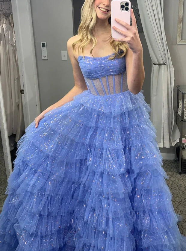 Luolandi Sweetheart A Line Strapless Blue Sparkly Tulle Layers Ball Gown Cute Long Prom Dress