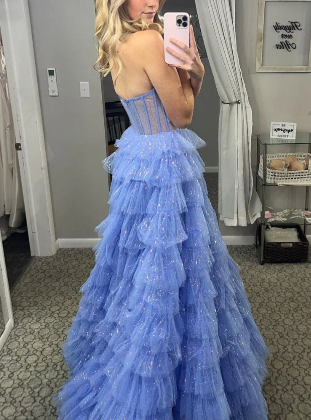 Luolandi Sweetheart A Line Strapless Blue Sparkly Tulle Layers Ball Gown Cute Long Prom Dress