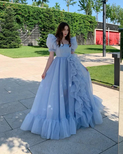 Luolandi Sweetheart Blue Long Prom Dresses Short Puff Sleeves Ruffles Party Gowns Princess Formal Dresses