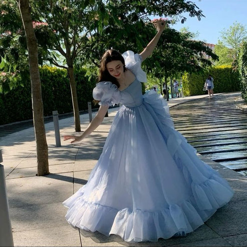 Luolandi Sweetheart Blue Long Prom Dresses Short Puff Sleeves Ruffles Party Gowns Princess Formal Dresses