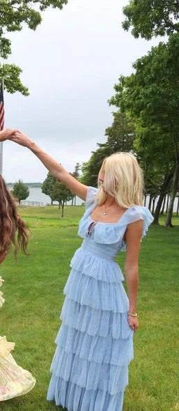 Luolandi Sweetheart Fairy Blue Sequare Neck Tiered Tulle Evening Dress Lovely Long Prom Dress Elegant Party Dress