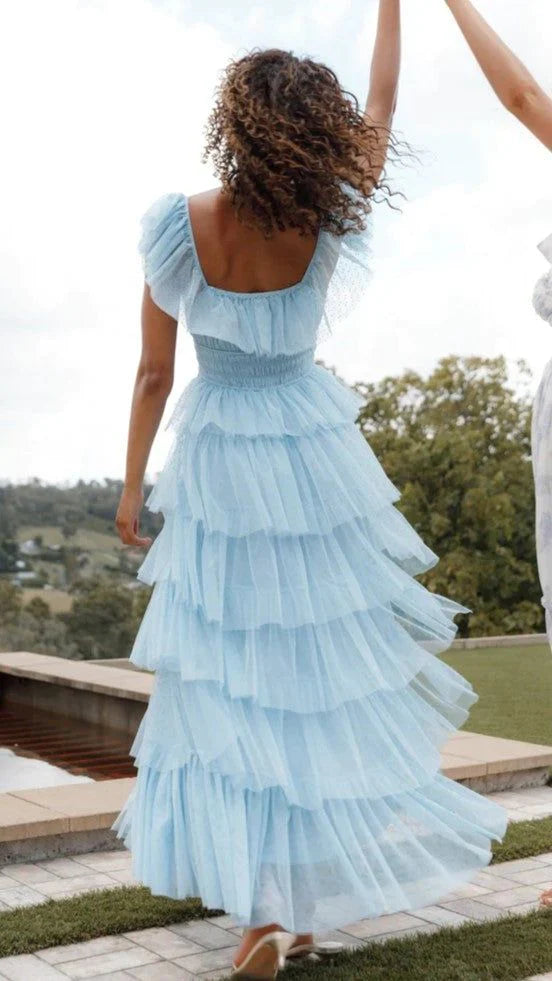 Luolandi Sweetheart Fairy Blue Sequare Neck Tiered Tulle Evening Dress Lovely Long Prom Dress Elegant Party Dress
