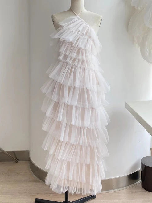 Luolandi Sweetheart Halter Tulle Tiered Backless Long Prom Dress Lovely Evening Dress Cute Party Dress