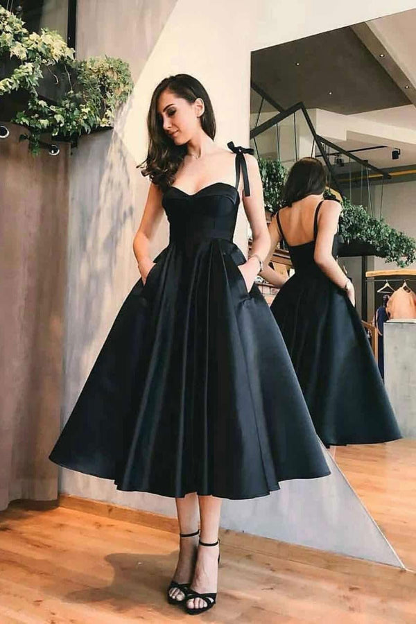 Luolandi A line Sweetheart Satin Tea Length Homecoming Dress Solid Color Party Dress Cocktail Dress