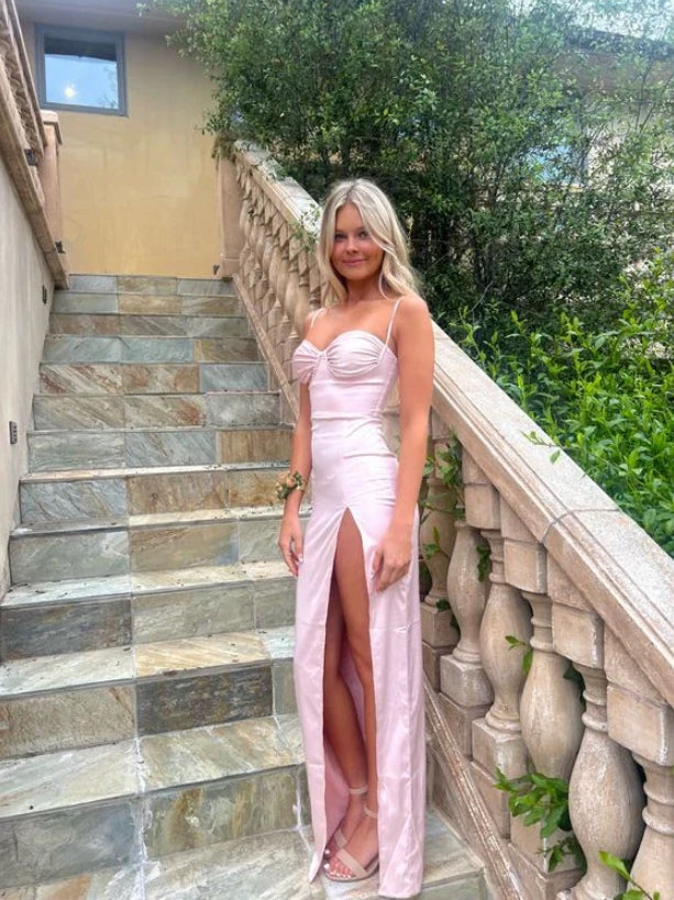 Luolandi Sweetheart Sheath Spaghetti Straps Satin Formal Prom Dress With Slit Lovely Graduation Dress Long Party Evening Gowns