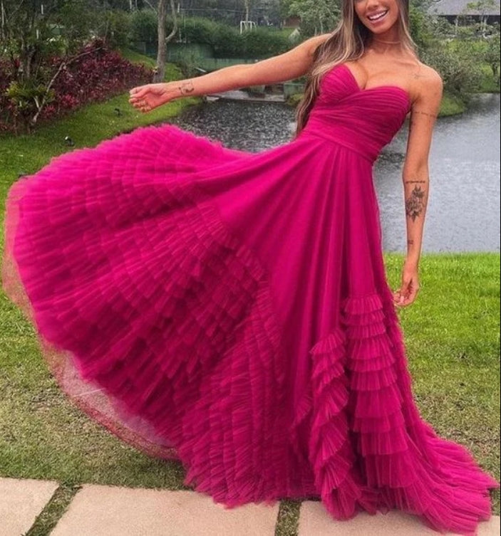 Luolandi Sweetheart Strapless A-Line Tulle Tiered Long Prom Dress Charming Evening Party Dress