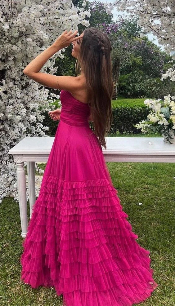 Luolandi Sweetheart Strapless A-Line Tulle Tiered Long Prom Dress Charming Evening Party Dress