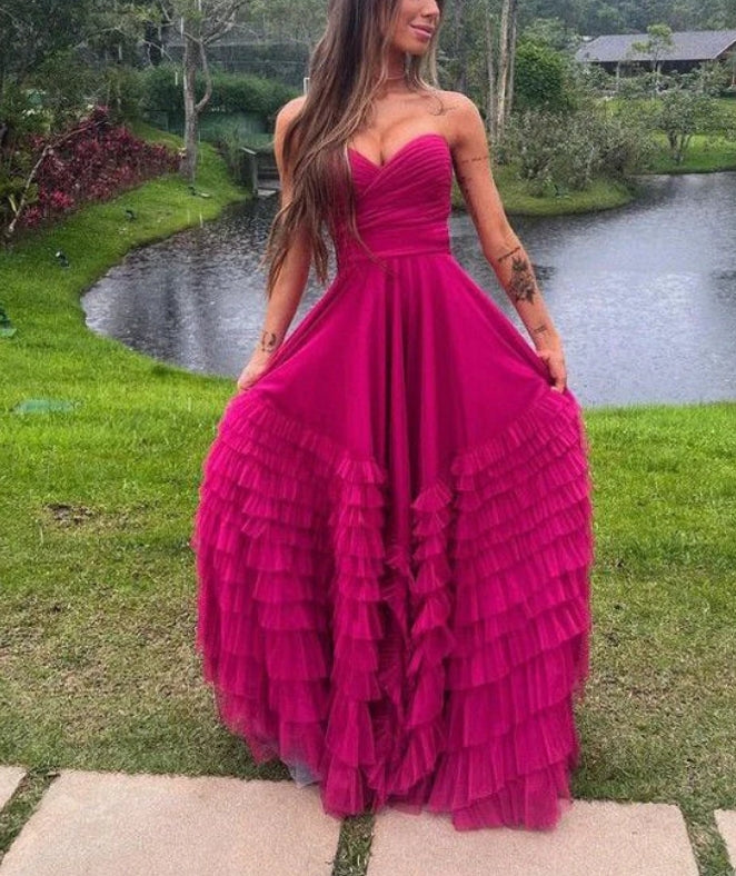 Luolandi Sweetheart Strapless A-Line Tulle Tiered Long Prom Dress Charming Evening Party Dress