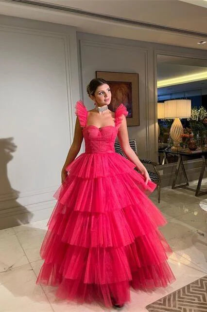 Luolandi Sweetheart Tiered Ruffles Tulle A-Line Long Party Dress Charming Evening Dress Prom Dress