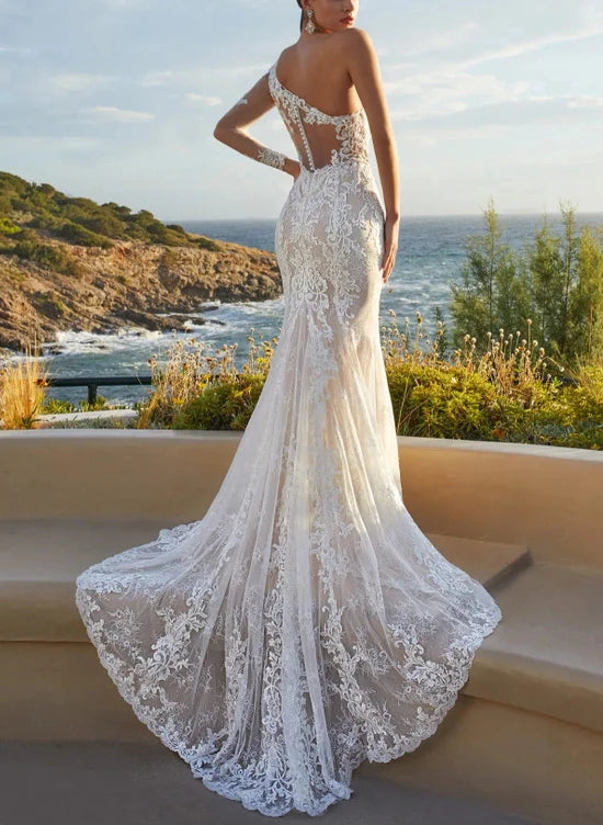 Luolandi Luxury Lace One-Shoulder Long Sleeves Mermaid Wedding Dresses Elegant with Appliques