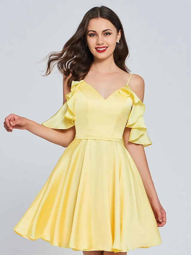 Luolandi A-Line Minimalist Sexy Engagement Cocktail Party Dress V Neck Sleeveless Knee Length Satin