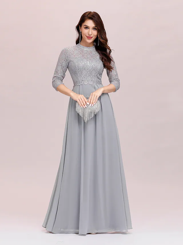 Luolandi A-Line Mother of the Bride Dress Plus Size Elegant Jewel Neck Floor Length Chiffon Lace Length Sleeve