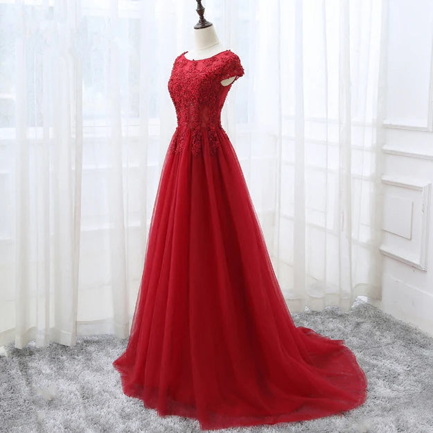 Luolandi Elegant Red Tulle Long Prom Dress with Lace Applique Party Gowns Floor Length Evening Dress