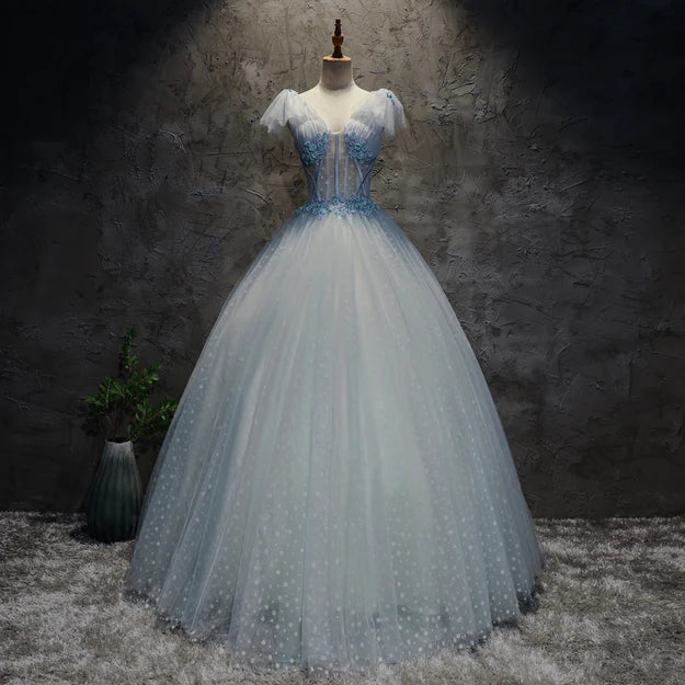 Luolandi Light Blue Tulle Long Party Dress Formal Dress Tulle Formal Dress with Flowers Beautiful