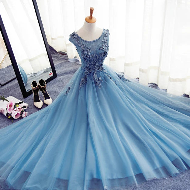 Luolandi Blue Round Neckline Long Applique Elegant Senior Formal Dress Long Party Gowns Prom Dress