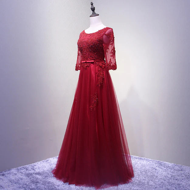 Luolandi Charming Wine Red Short Sleeves Lace Applique Wedding Party Dress Beautiful Formal Gown Prom Dress