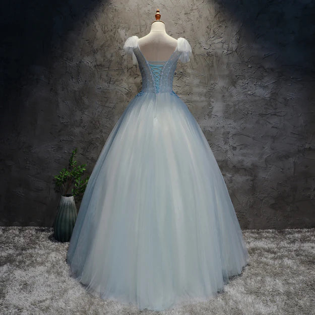Luolandi Light Blue Tulle Long Party Dress Formal Dress Tulle Formal Dress with Flowers Beautiful