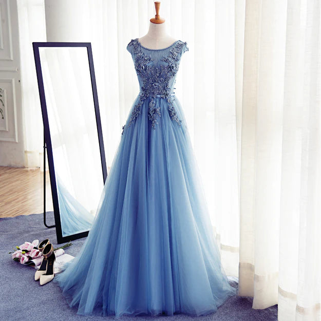 Luolandi Blue Round Neckline Long Applique Elegant Senior Formal Dress Long Party Gowns Prom Dress