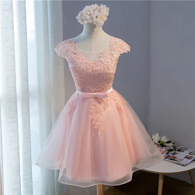 Luolandi Pink Lovely Cap Sleeves Knee Length Formal Dress Tulle Prom Dress Homecoming Dress
