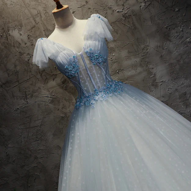 Luolandi Light Blue Tulle Long Party Dress Formal Dress Tulle Formal Dress with Flowers Beautiful