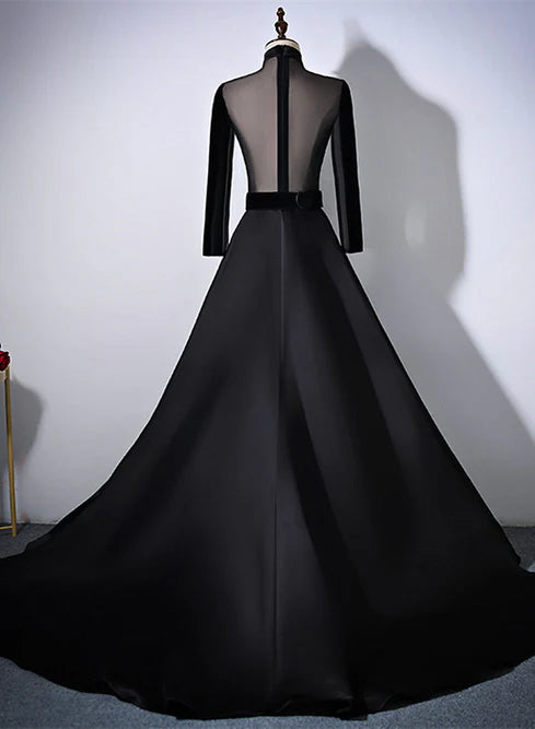Luolandi Black Velvet and Satin Long Sleeves See Through Back Formal Dress Evening Dress Elegant