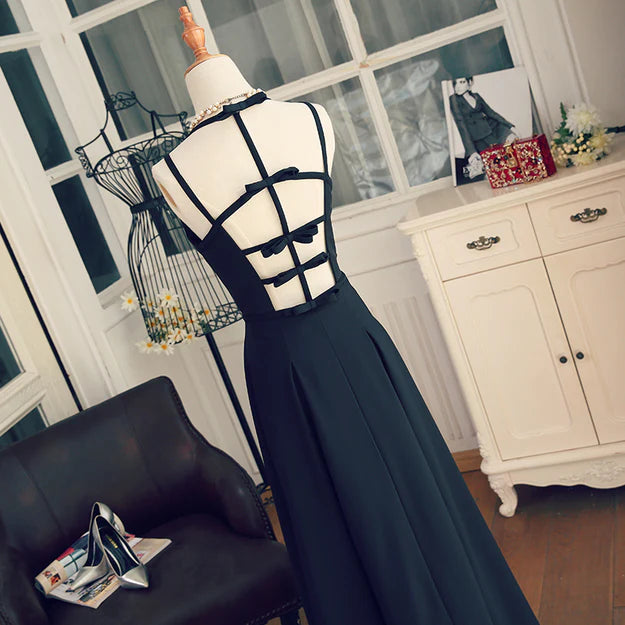 Luolandi Beautiful Black Chiffon Straps Long A-line Junior Prom Dress Party Gowns Elegant Evening Dress