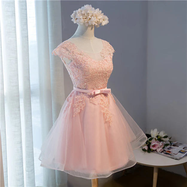 Luolandi Pink Lovely Cap Sleeves Knee Length Formal Dress Tulle Prom Dress Homecoming Dress