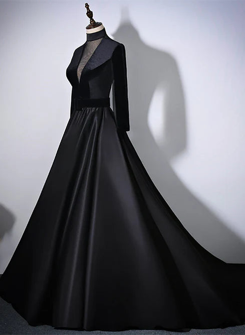 Luolandi Black Velvet and Satin Long Sleeves See Through Back Formal Dress Evening Dress Elegant