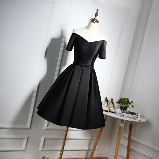 Luolandi Lovely Black Satin Short Prom Dress Black Party Dress Off Shoulder Short Sleeves Homecoming Dress