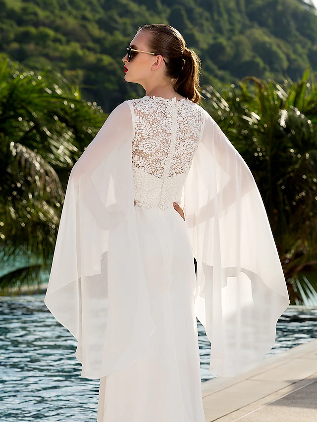 Luolandi Wedding Dresses V Neck Court Train Chiffon Long Sleeve with Beading Pure Color
