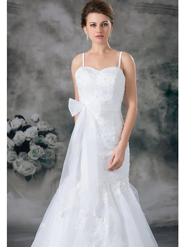 Luolandi Wedding Dresses Sweetheart Neckline Chapel Train Lace Organza Satin Spaghetti Strap with Sashes Ribbons Bow(s)