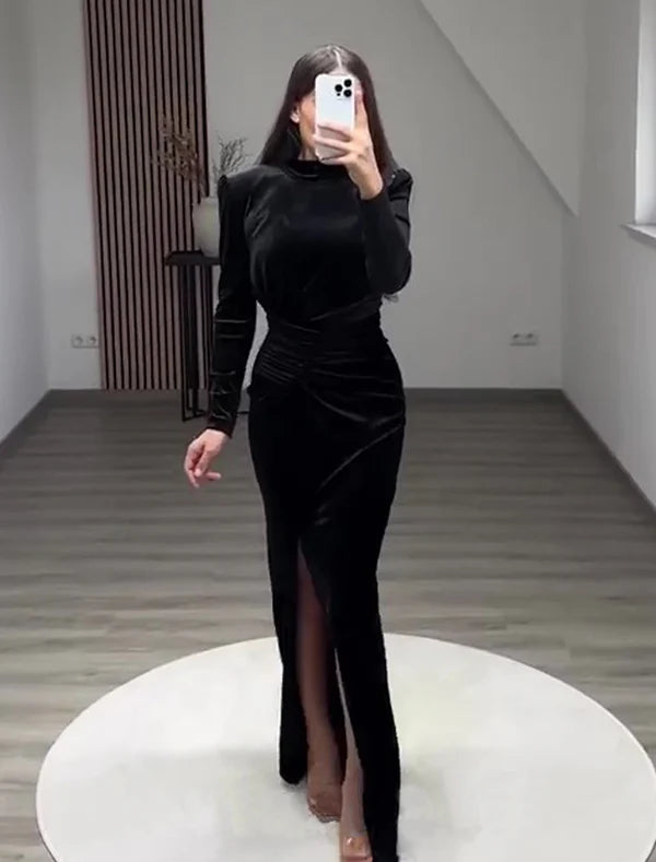 Luolandi Sheath / Column Evening Gown Elegant Dress Formal Cocktail Party Floor Length Long Sleeve High Neck Velvet with Slit Black