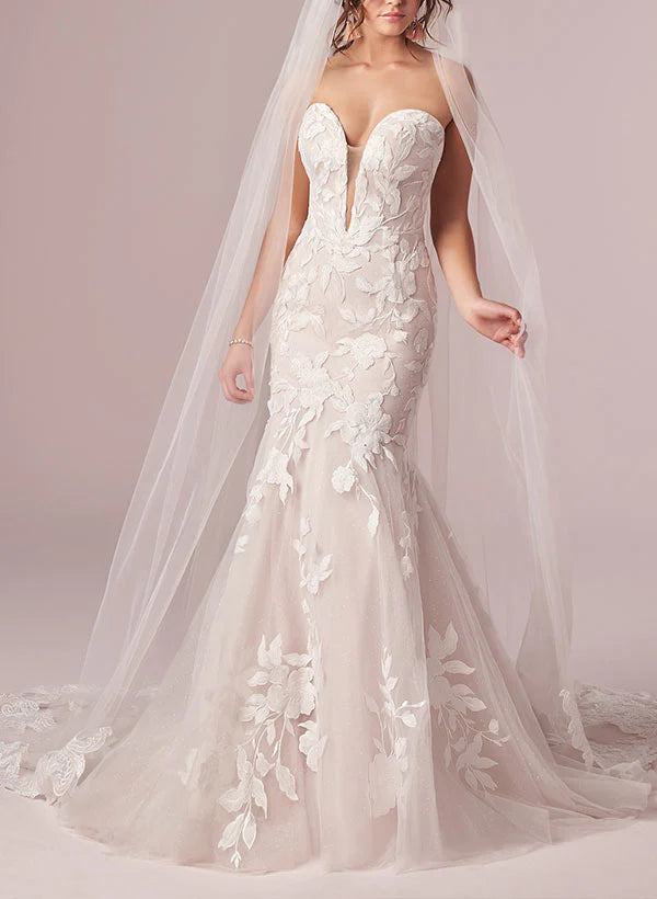 Luolandi Sweetheart Sleeveless Sweep Train Lace Mermaid Wedding Dresses Off Shoulder Floor Length Without Wedding Veil