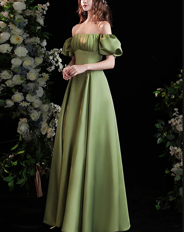 Luolandi Green Satin Long Prom Dress with Short Sleeves Party Dress Prom Dress Elegant Evening Dress