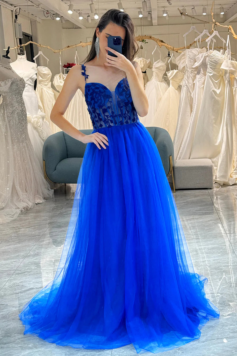 Luolandi Royal Blue Prom Dress Spaghetti Straps A-Line Corset Evening Dress Floor Length