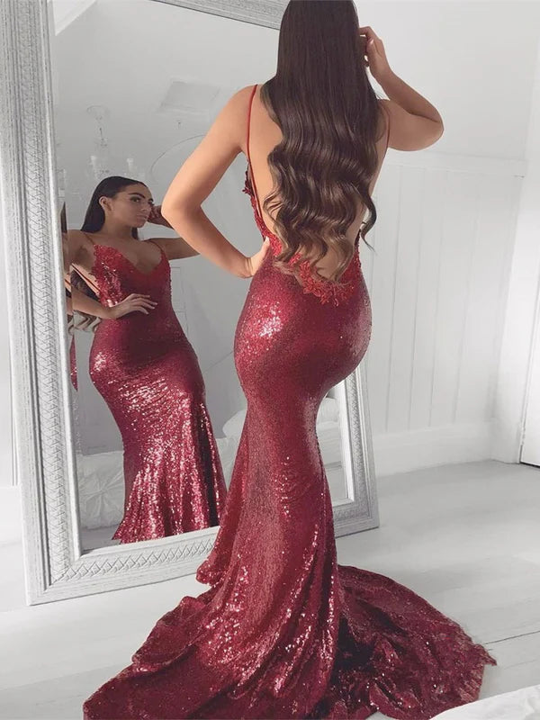 Luolandi Sparkly Spaghetti Straps Mermaid Prom Dress Sequined Dresses Sexy Evening Dress