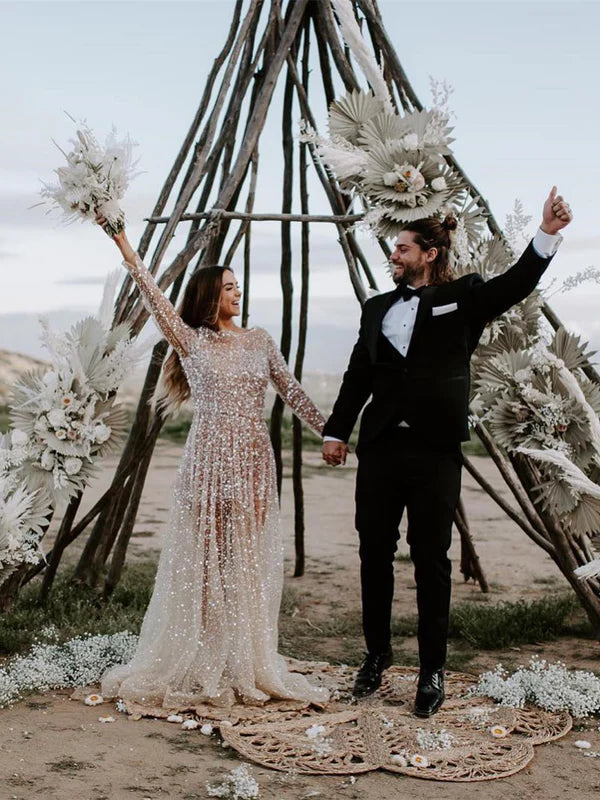 Luolandi Shining Wedding Dresses Illusion Long A-line Bridal Gowns Long Sleeves Floor Length Charming