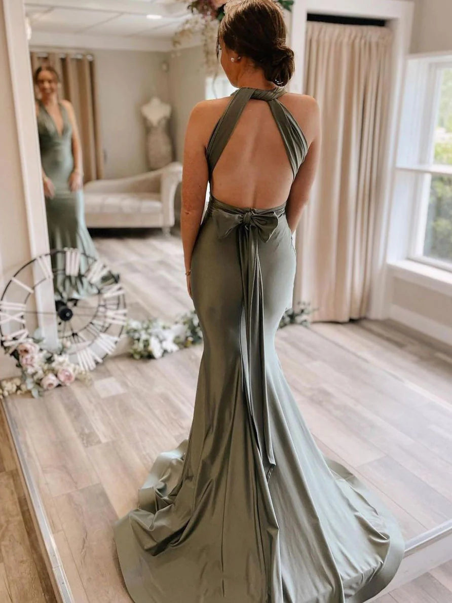 Luolandi Gray green satin mermaid long prom dress evening dress Sexy Formal Dress december wedding guest dress